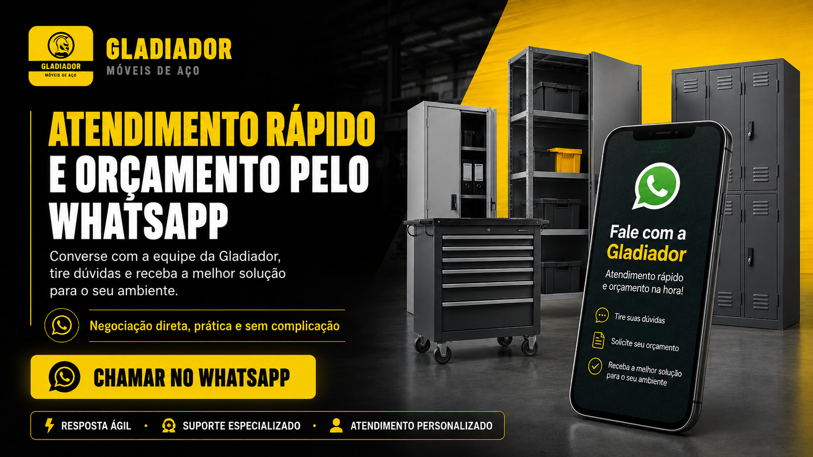Banner Gladiador atendimento rápido e orçamento pelo WhatsApp